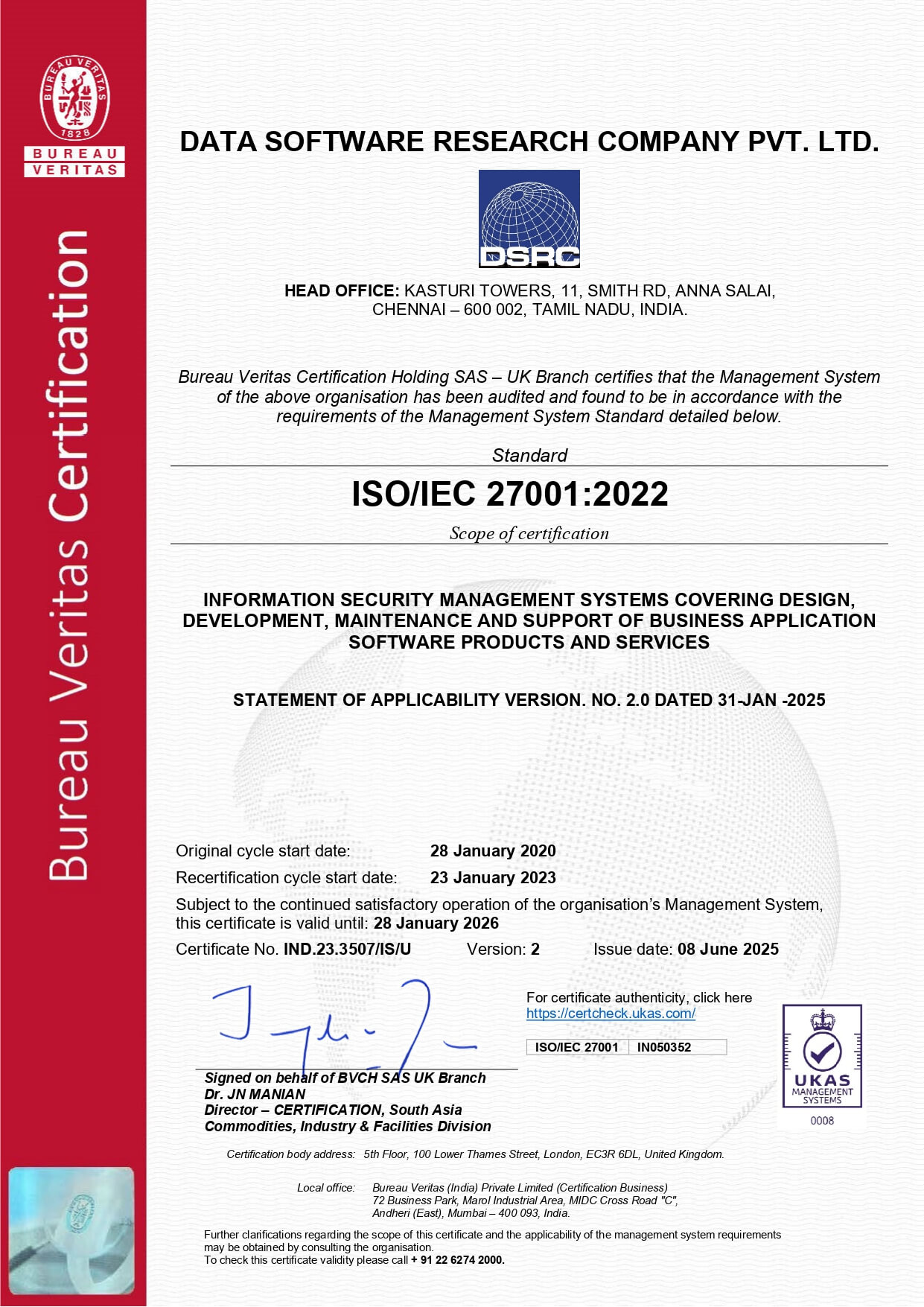 DATA SOFTWARE RESEARCH COMPANY PVT. LTD. Version 2 issued_page- ISO/IEC 27001:2022